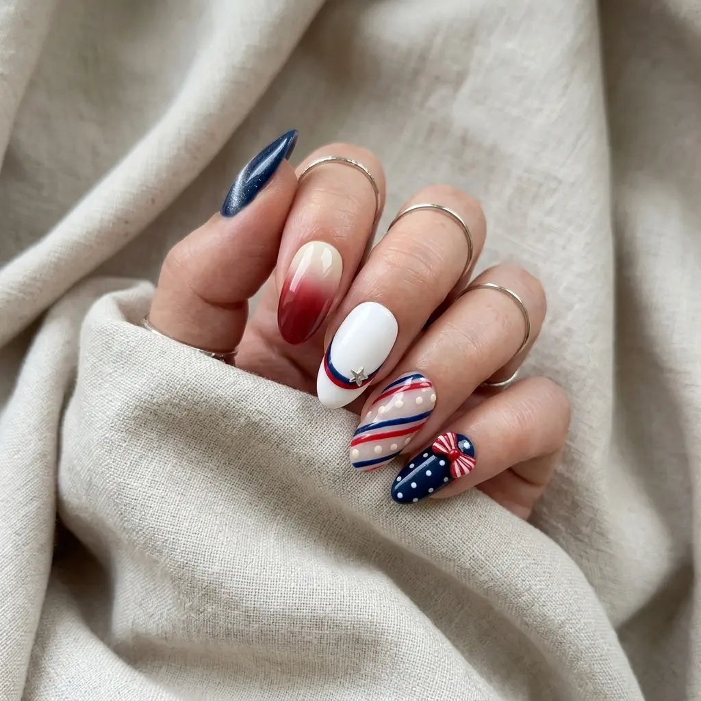 red white blue 3d ombre 4th of july almond press on nails red ribbon star stripe mockup 01