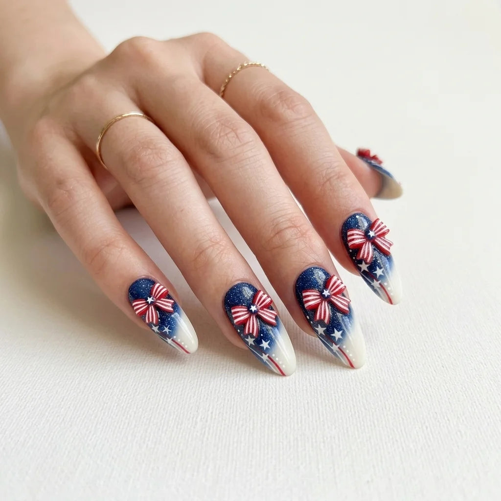 red white blue 3d ombre 4th of july almond press on nails ribbon bow star glitter lifestyle 02