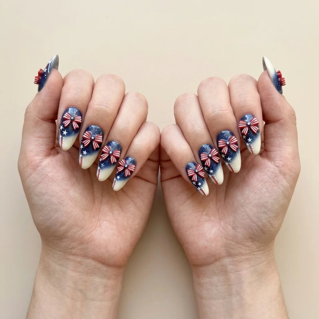 red white blue 3d ombre 4th of july almond press on nails ribbon bow star glitter lifestyle 03