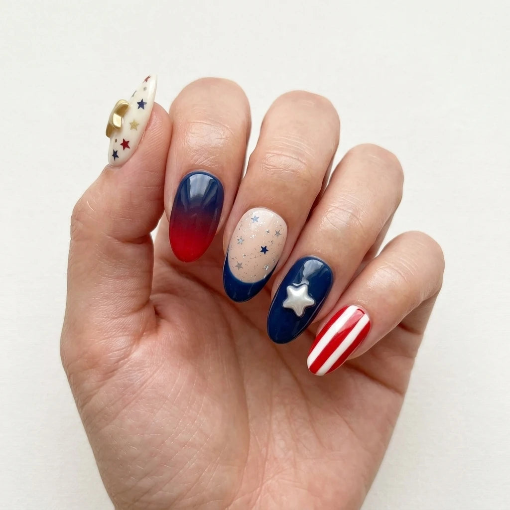 red white blue 3d ombre 4th of july almond press on nails silver glitter star flat lay 02