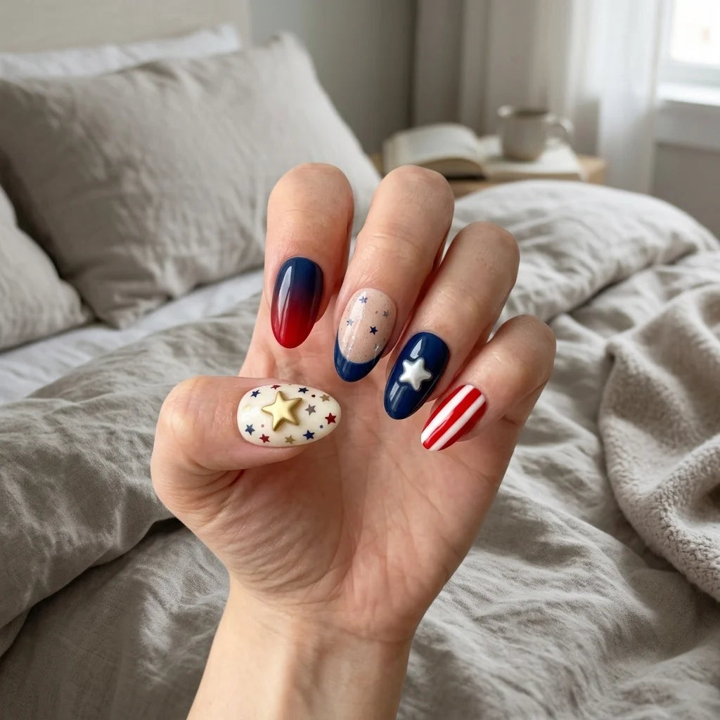 red white blue 3d ombre 4th of july almond press on nails silver glitter star lifestyle 04