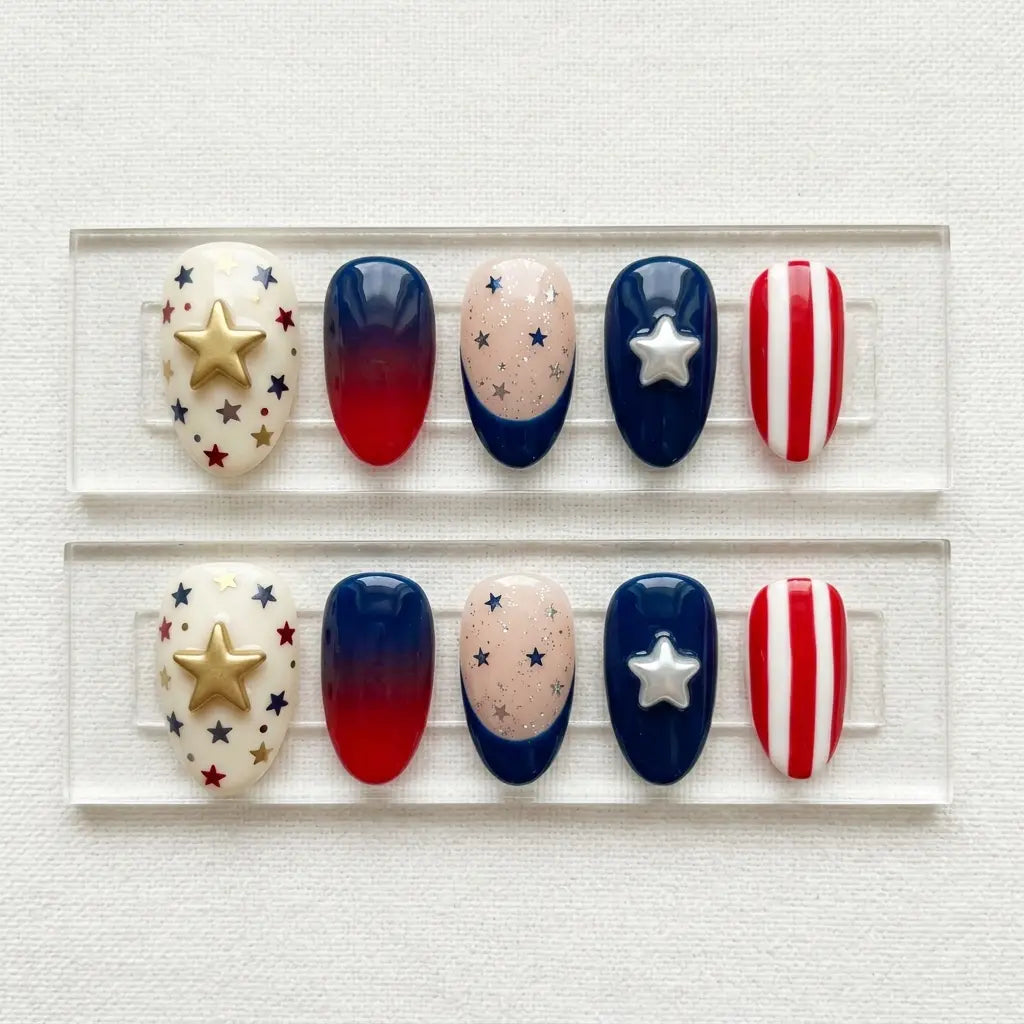 red white blue 3d ombre 4th of july almond press on nails silver glitter star mockup 01