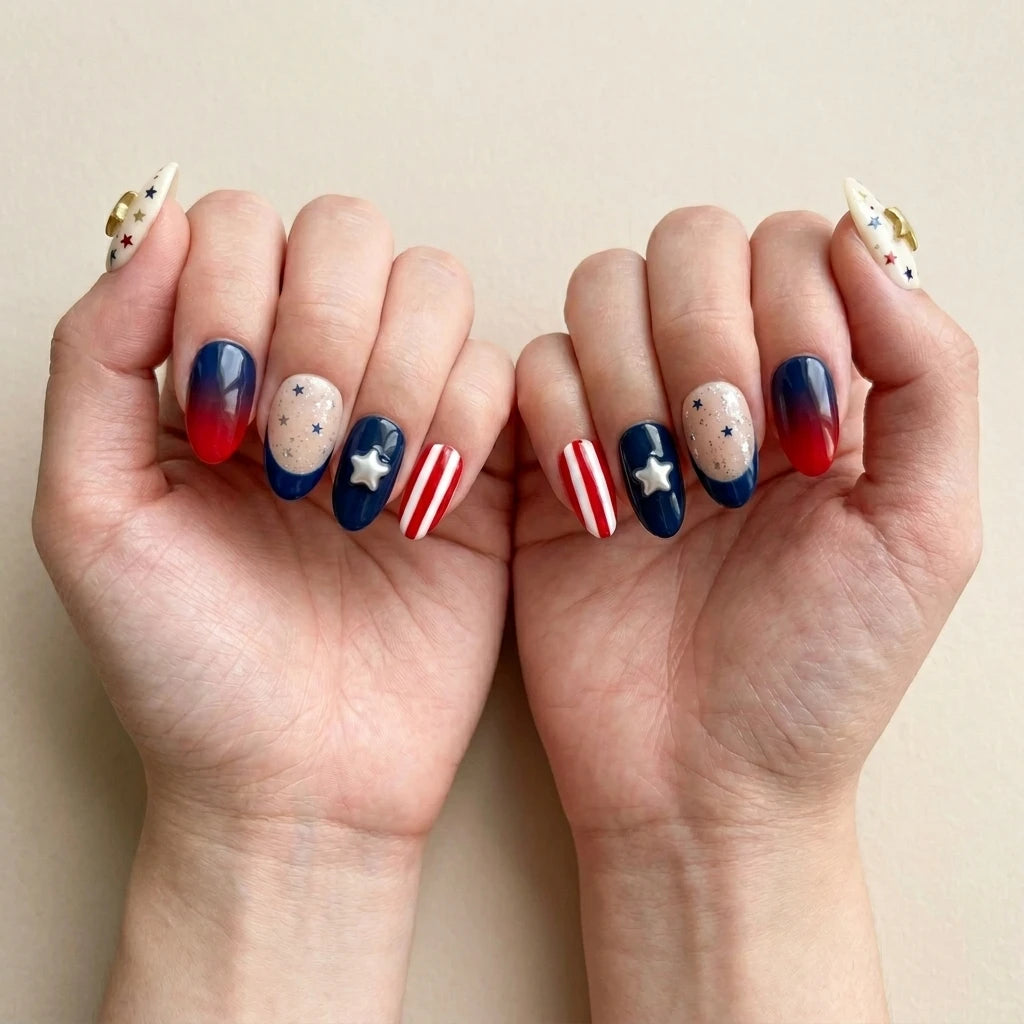 red white blue 3d ombre 4th of july almond press on nails silver glitter star mockup 03