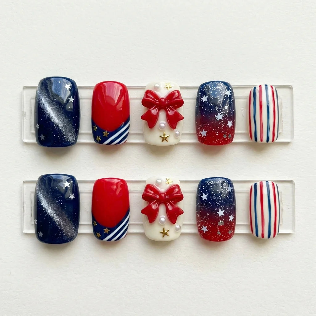 red white blue 3d ombre 4th of july square short press on nails ribbon pearl stripe flat lay 03