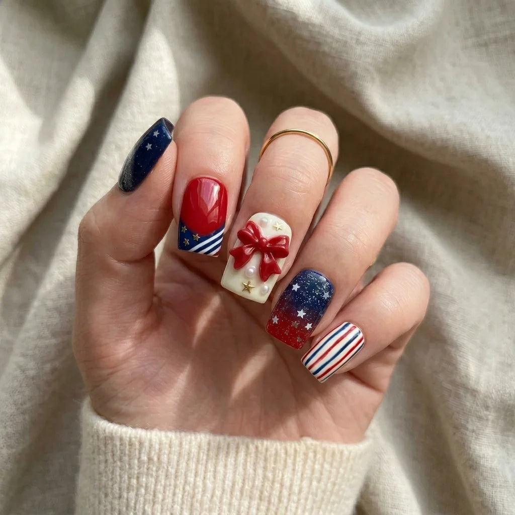 red white blue 3d ombre 4th of july square short press on nails ribbon pearl stripe mockup 01