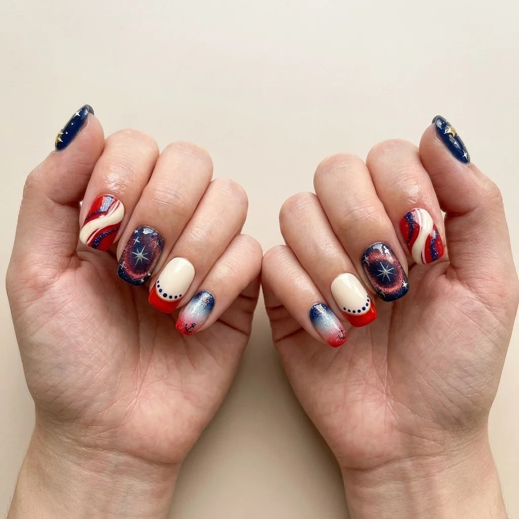 red white blue cat eye 4th of july square short press on nails anchor star glitter flat lay 03