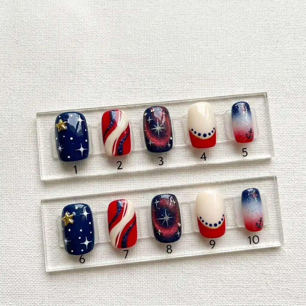 red white blue cat eye 4th of july square short press on nails anchor star glitter mockup 01