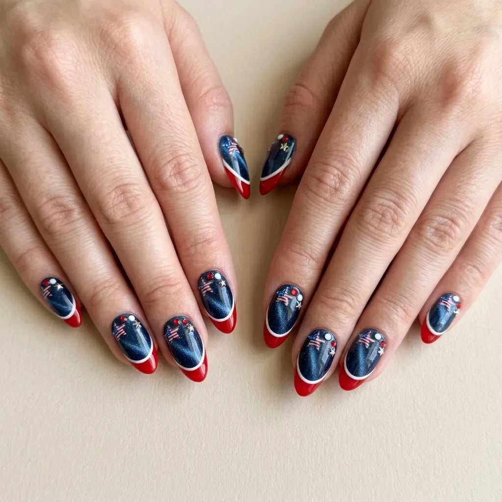 red white blue cat eye french tip 4th of july almond press on nails 3d star flat lay 04