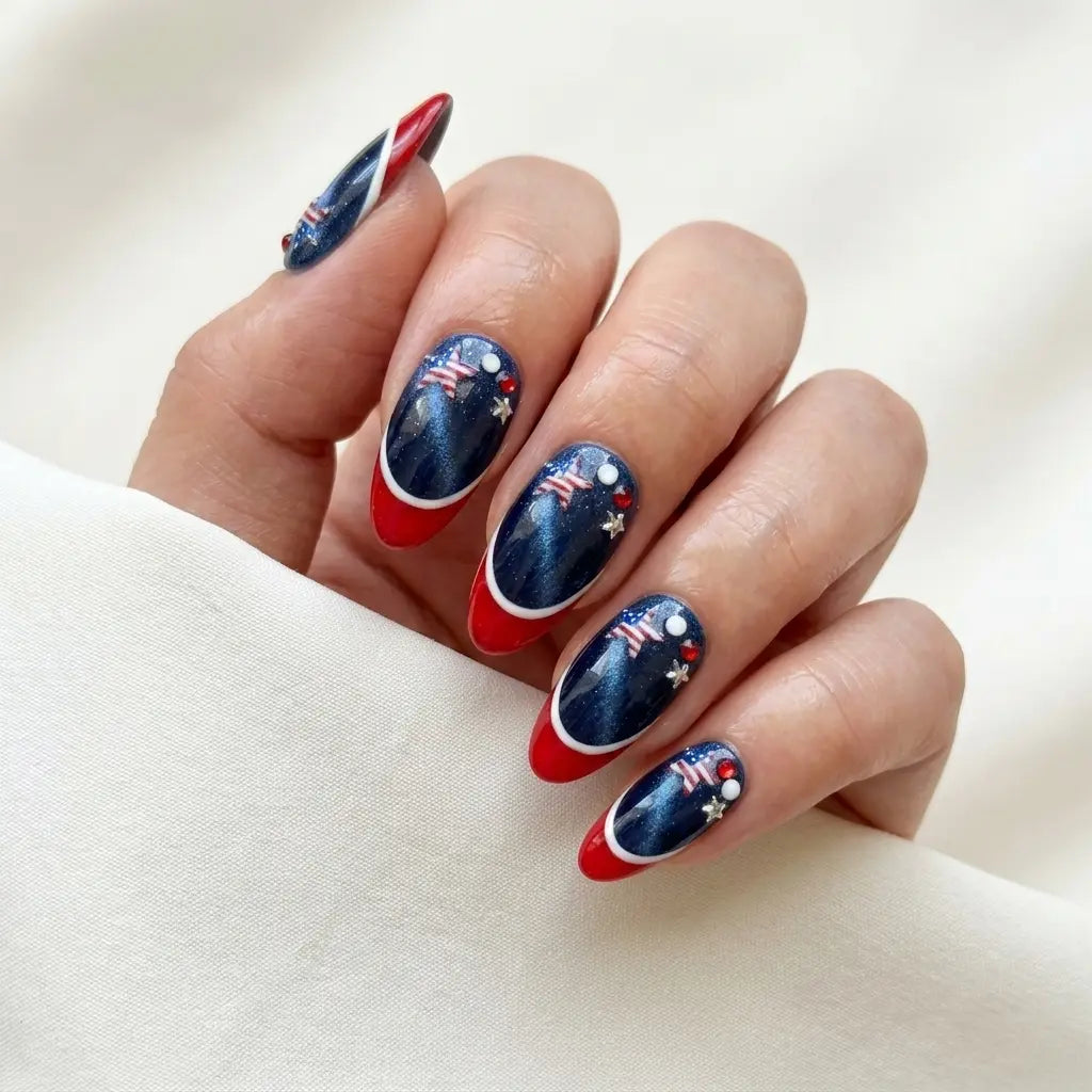 red white blue cat eye french tip 4th of july almond press on nails 3d star lifestyle 02