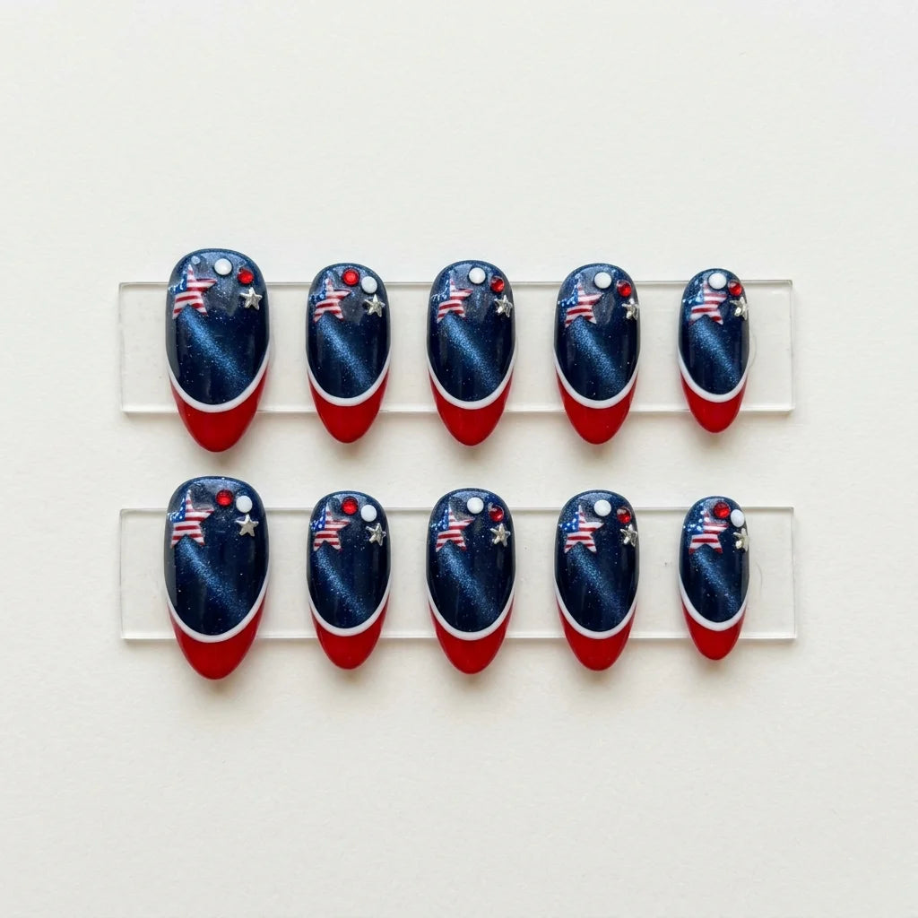 red white blue cat eye french tip 4th of july almond press on nails 3d star lifestyle 03