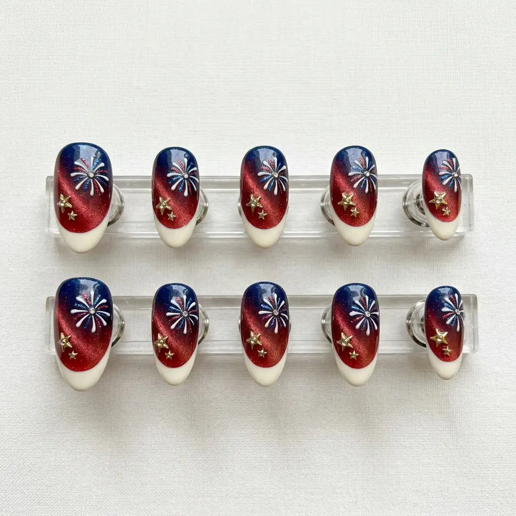 red white blue cat eye french tip 4th of july almond press on nails firework star flat lay 03
