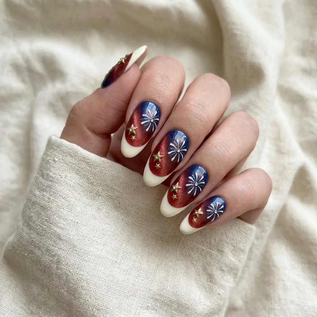 red white blue cat eye french tip 4th of july almond press on nails firework star mockup 01