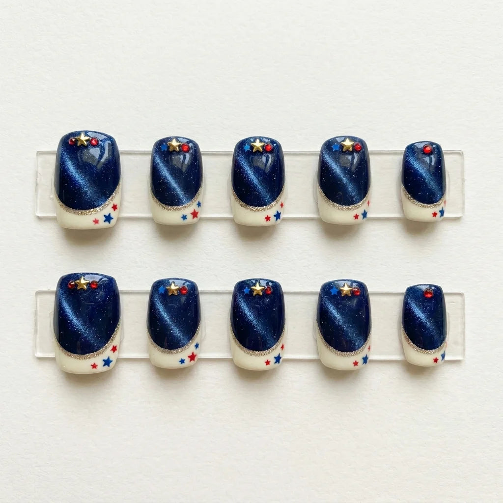 red white blue cat eye french tip 4th of july square short press on nails star glitter flat lay 05