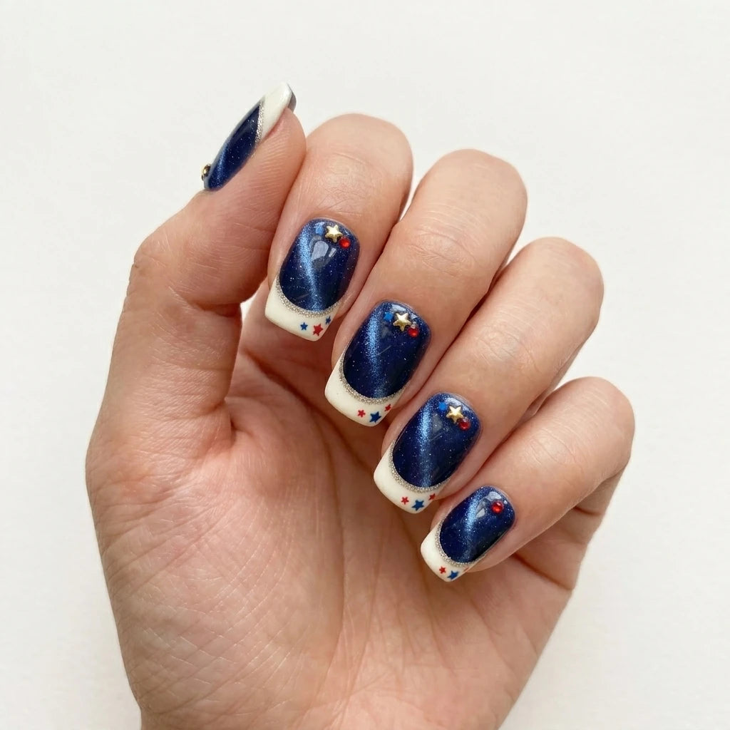 red white blue cat eye french tip 4th of july square short press on nails star glitter lifestyle 04