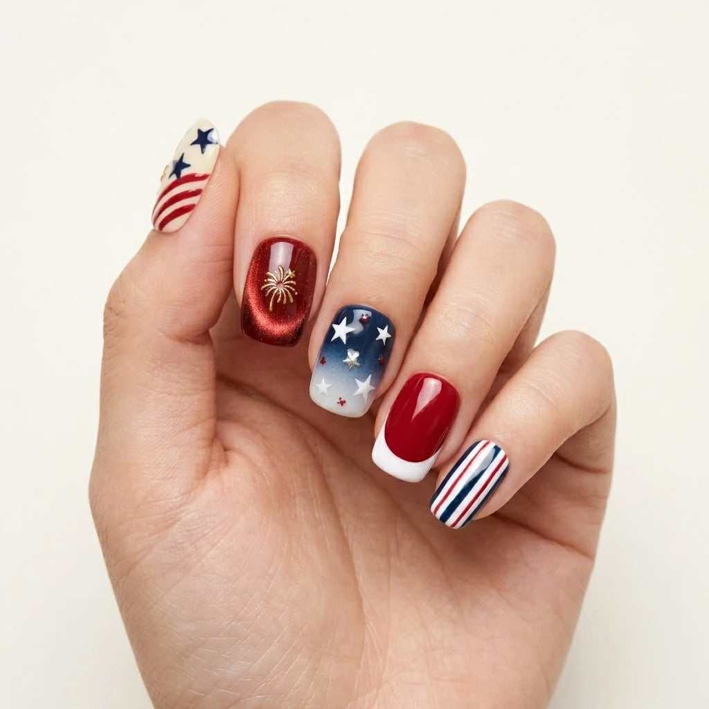 red white blue cat eye ombre 4th of july square short press on nails firework star flat lay 03