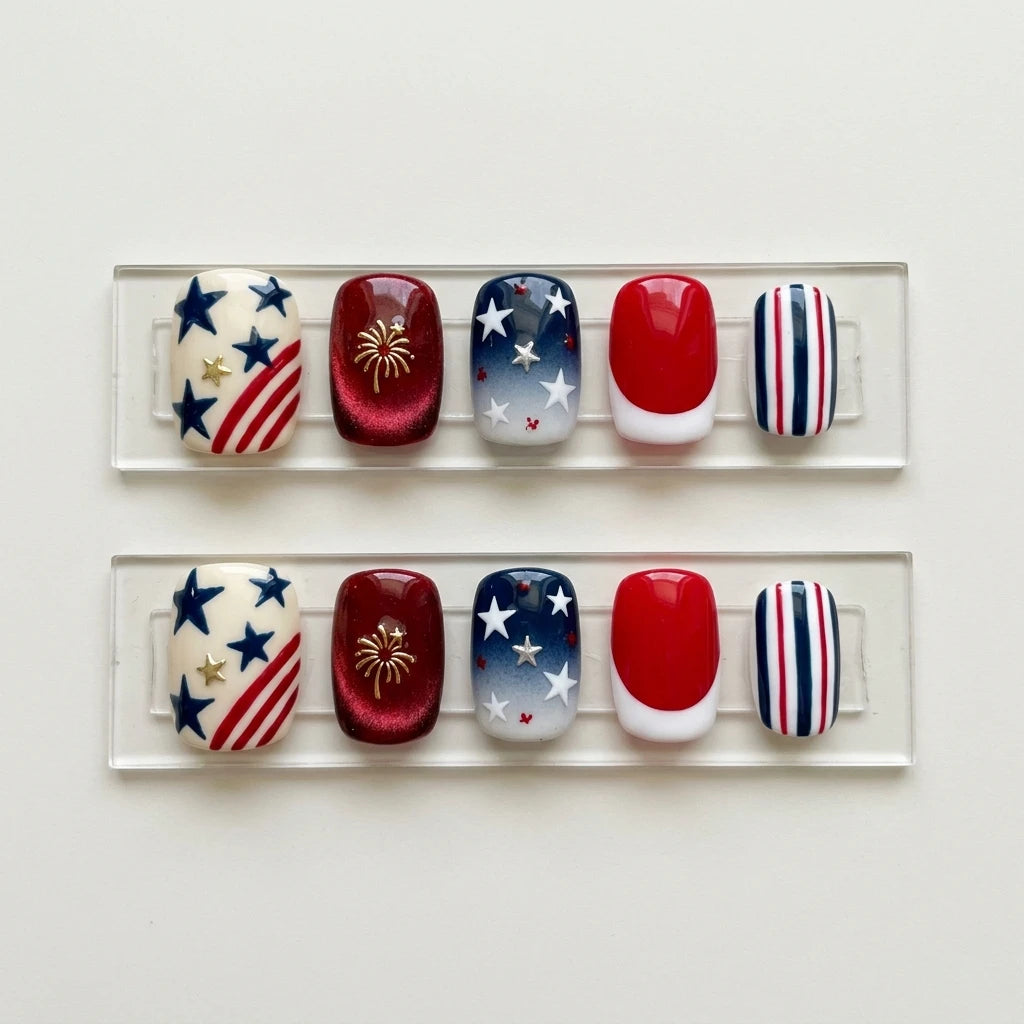 red white blue cat eye ombre 4th of july square short press on nails firework star lifestyle 02