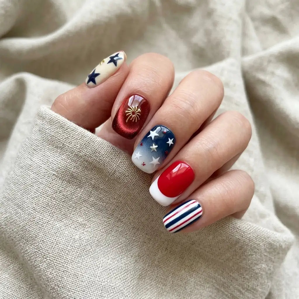 red white blue cat eye ombre 4th of july square short press on nails firework star mockup 01