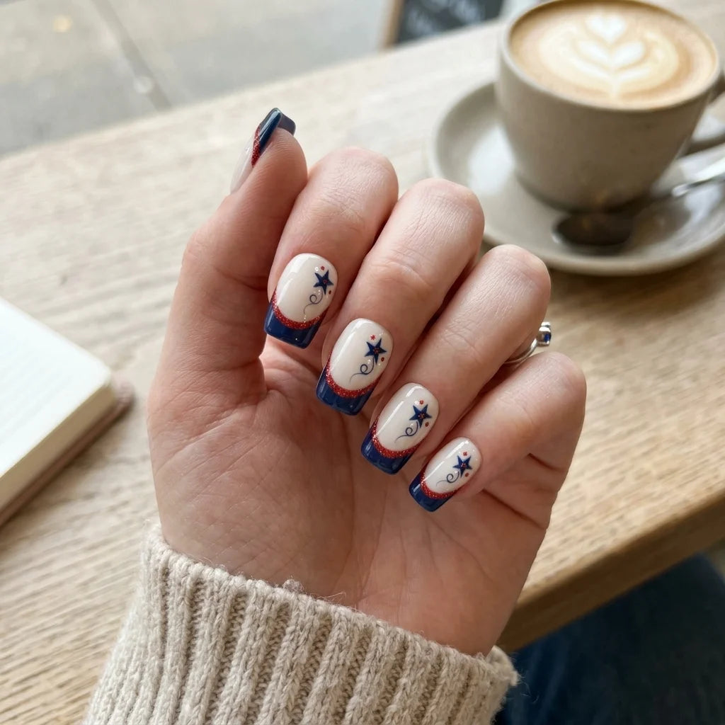 red white blue french tip 4th of july square short press on nails star swirl glitter flat lay 04
