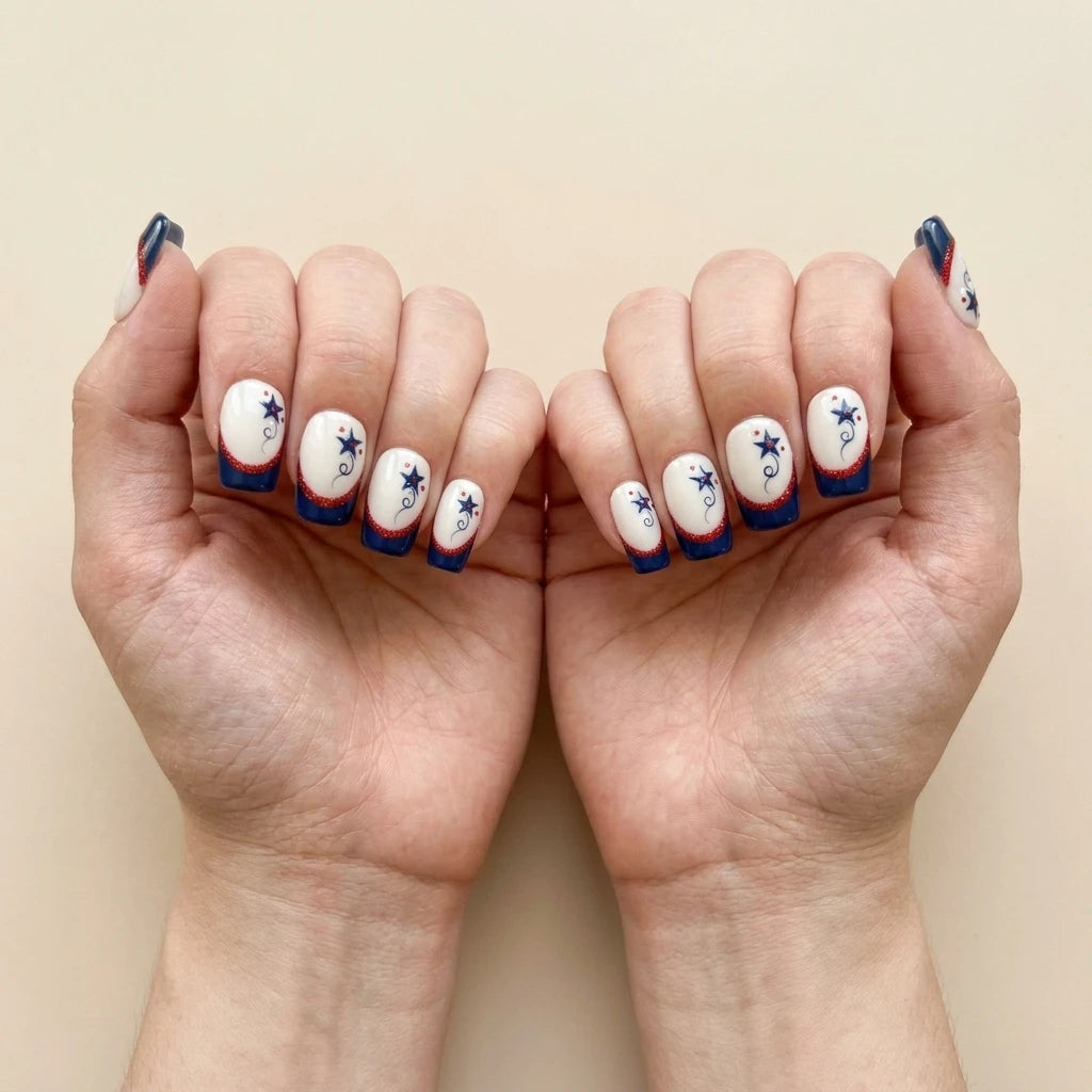 red white blue french tip 4th of july square short press on nails star swirl glitter lifestyle 03