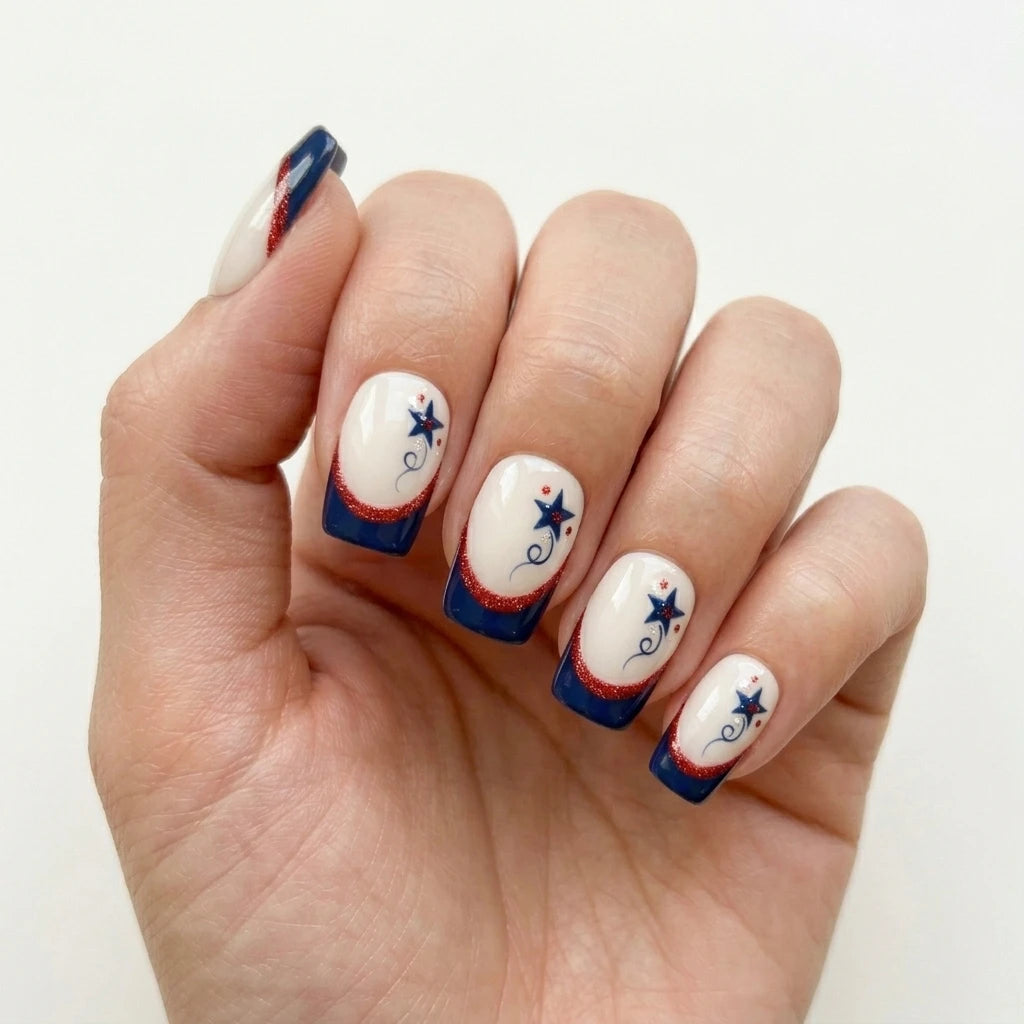 red white blue french tip 4th of july square short press on nails star swirl glitter mockup 01
