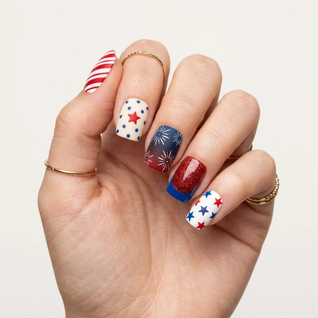 red white blue hand painted 4th of july square short press on nails firework star glitter flat lay 04