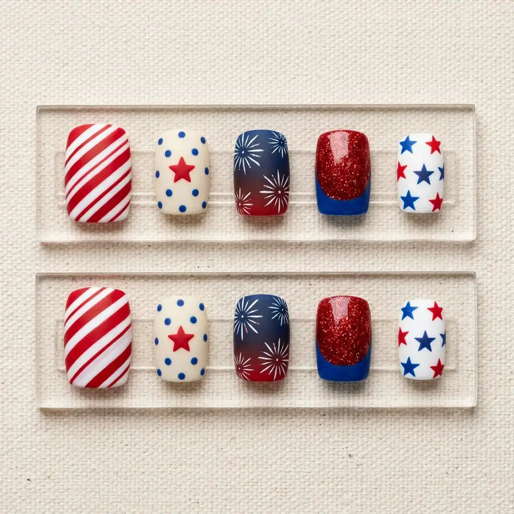 red white blue hand painted 4th of july square short press on nails firework star glitter lifestyle 02