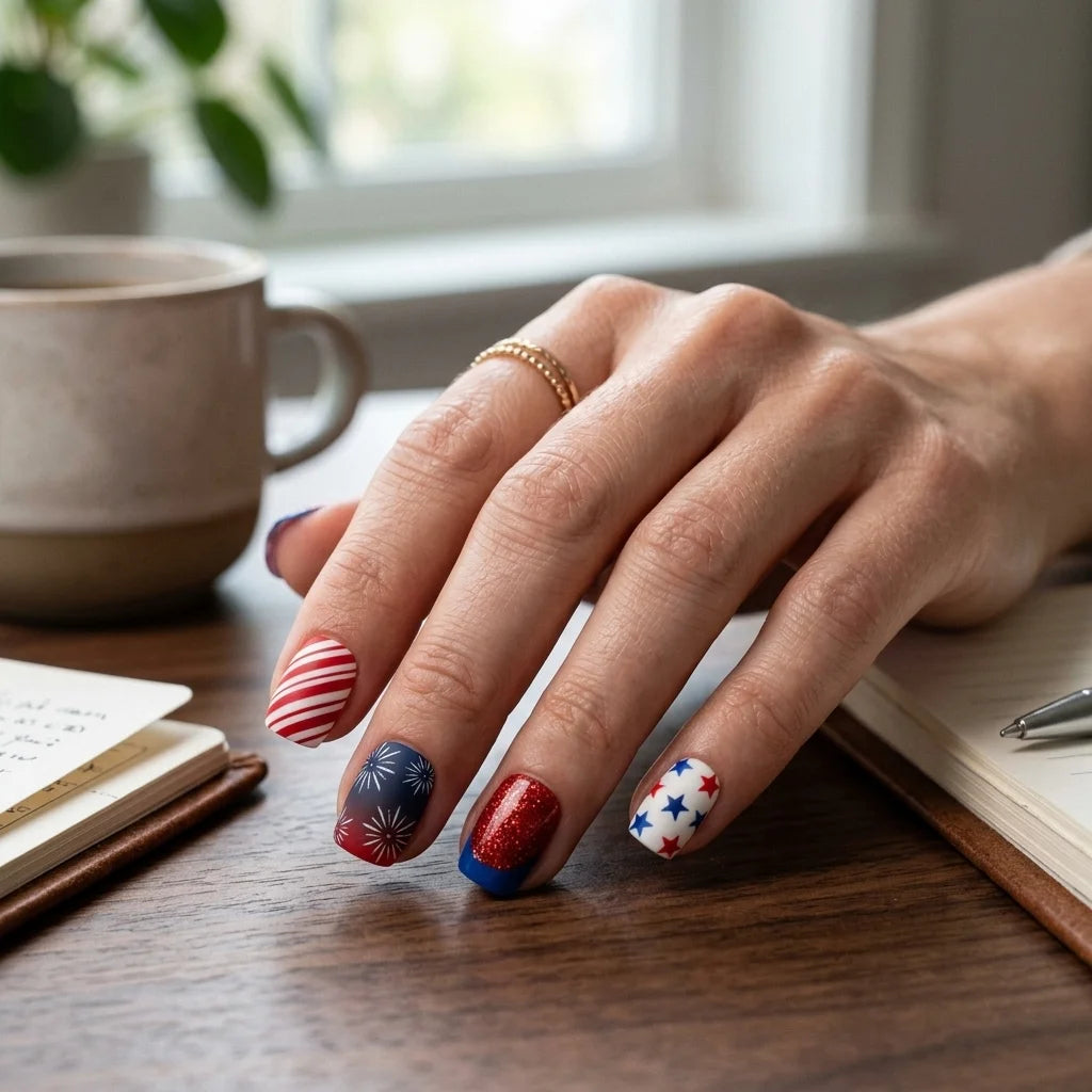 red white blue hand painted 4th of july square short press on nails firework star glitter lifestyle 03