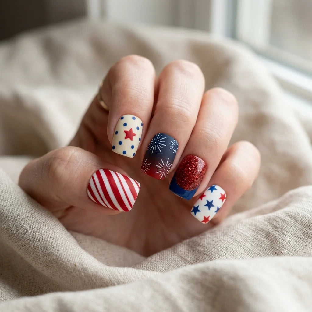 red white blue hand painted 4th of july square short press on nails firework star glitter mockup 01
