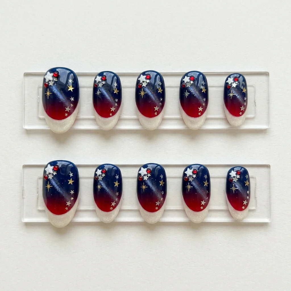 red white blue ombre french tip 4th of july almond press on nails star rhinestone flat lay 04