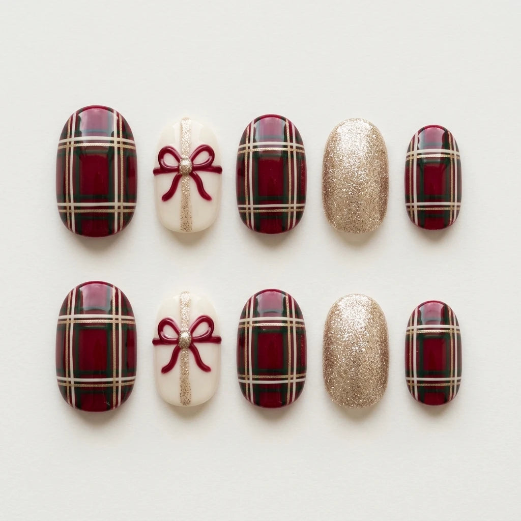 red white gold 3d hand painted christmas oval press on nails plaid bow glitter flat lay 03
