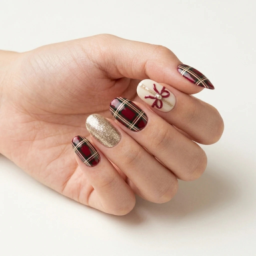 red white gold 3d hand painted christmas oval press on nails plaid bow glitter lifestyle 02