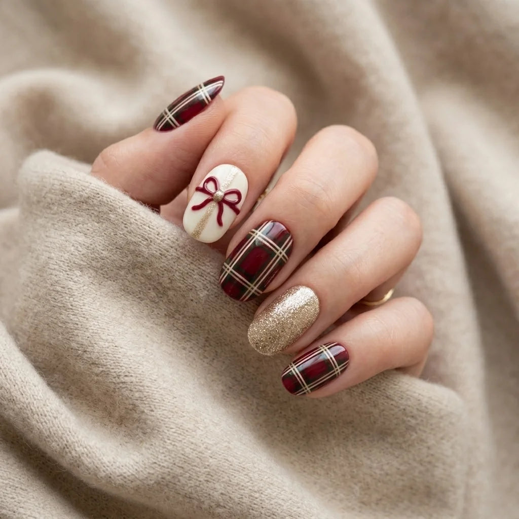 red white gold 3d hand painted christmas oval press on nails plaid bow glitter mockup 01