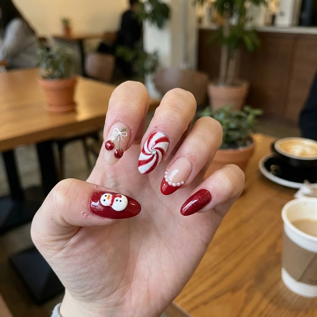 red white nude 3d christmas almond press on nails snowman peppermint pearl detail 01