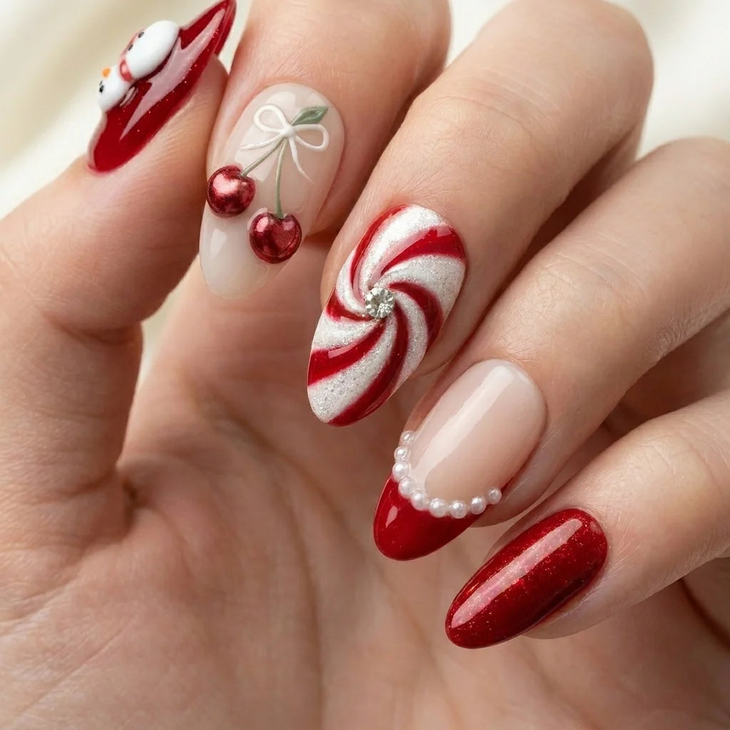 red white nude 3d christmas almond press on nails snowman peppermint pearl flat lay 01