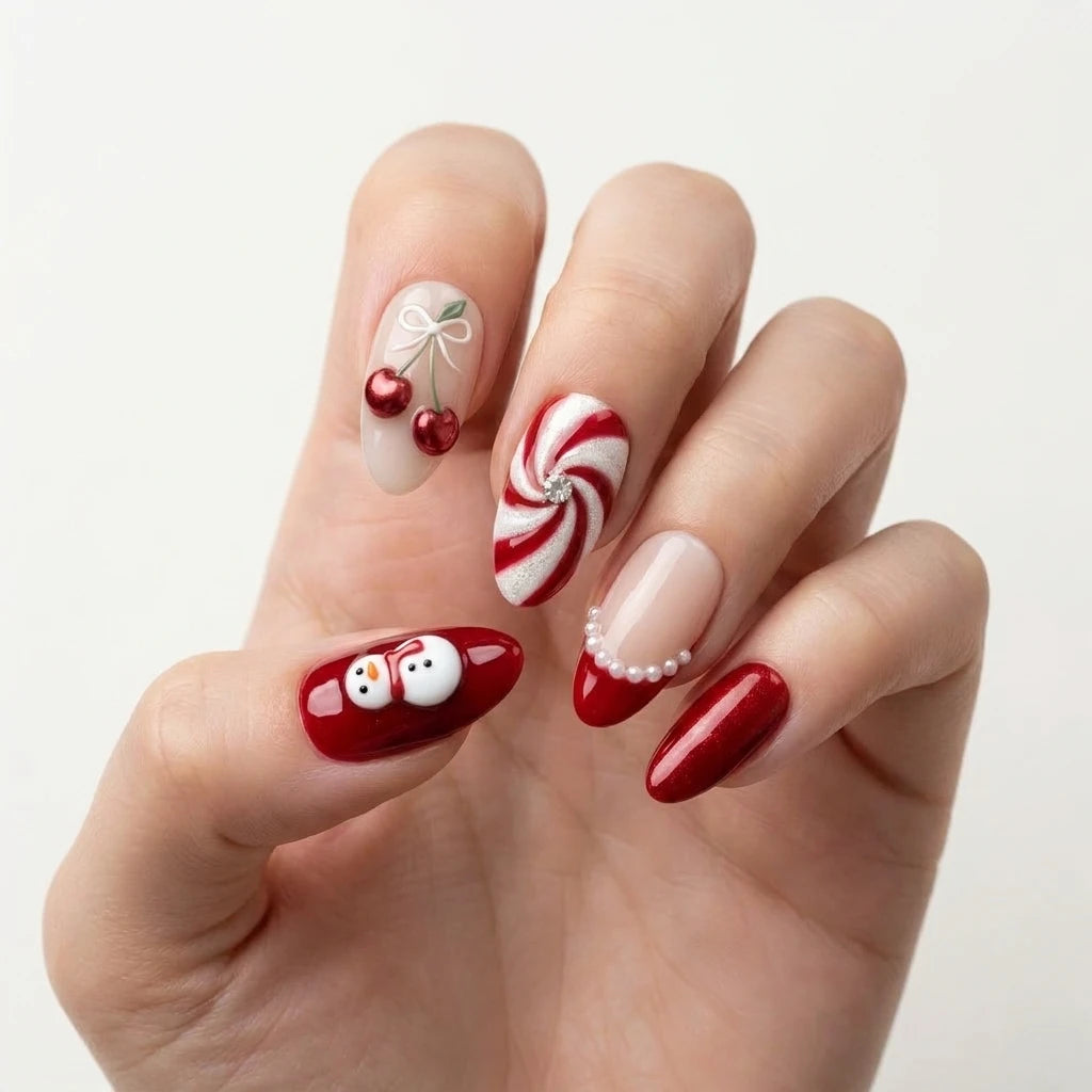 red white nude 3d christmas almond press on nails snowman peppermint pearl lifestyle 01