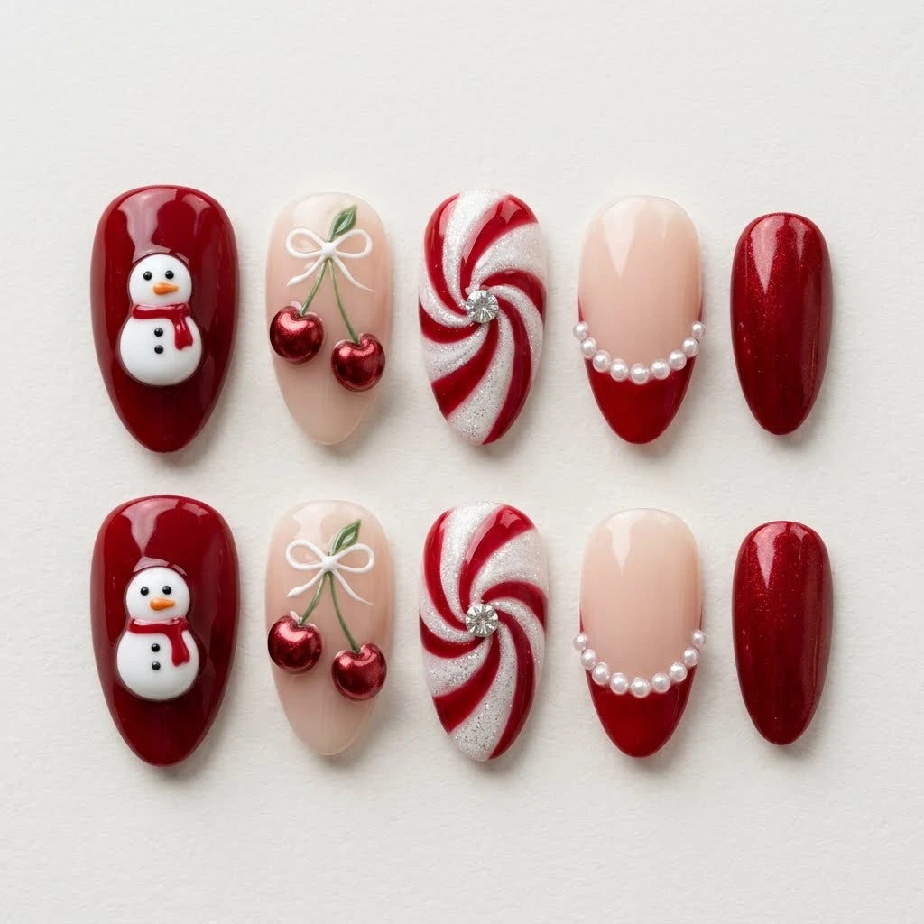 red white nude 3d christmas almond press on nails snowman peppermint pearl mockup 01