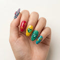 red yellow green 3d cat eye almond press on nails heart star swirl flat lay 03
