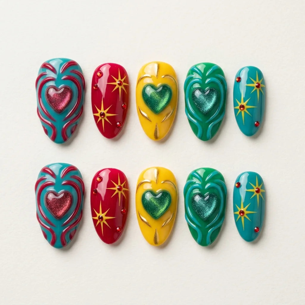 red yellow green 3d cat eye almond press on nails heart star swirl lifestyle 02