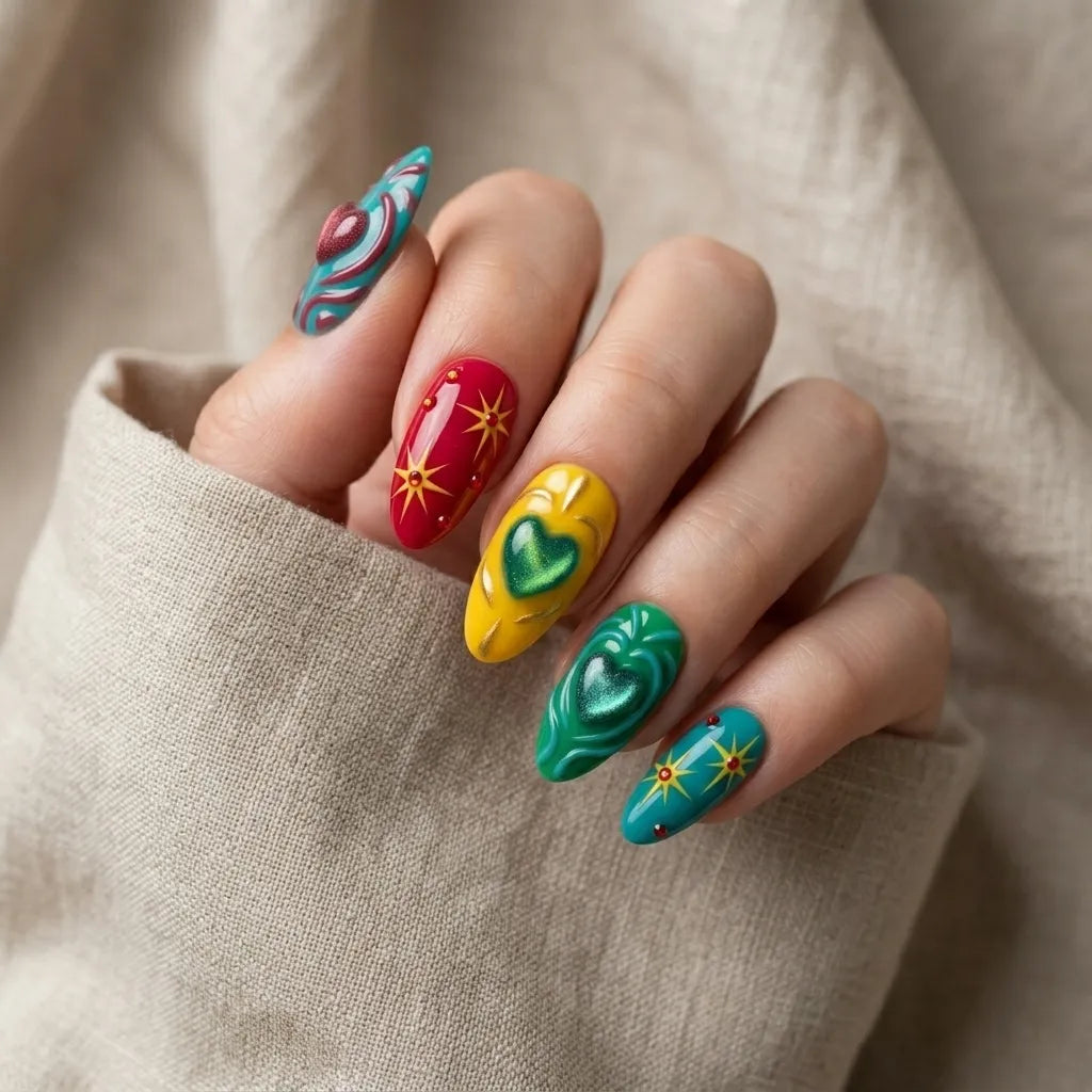 red yellow green 3d cat eye almond press on nails heart star swirl mockup 01