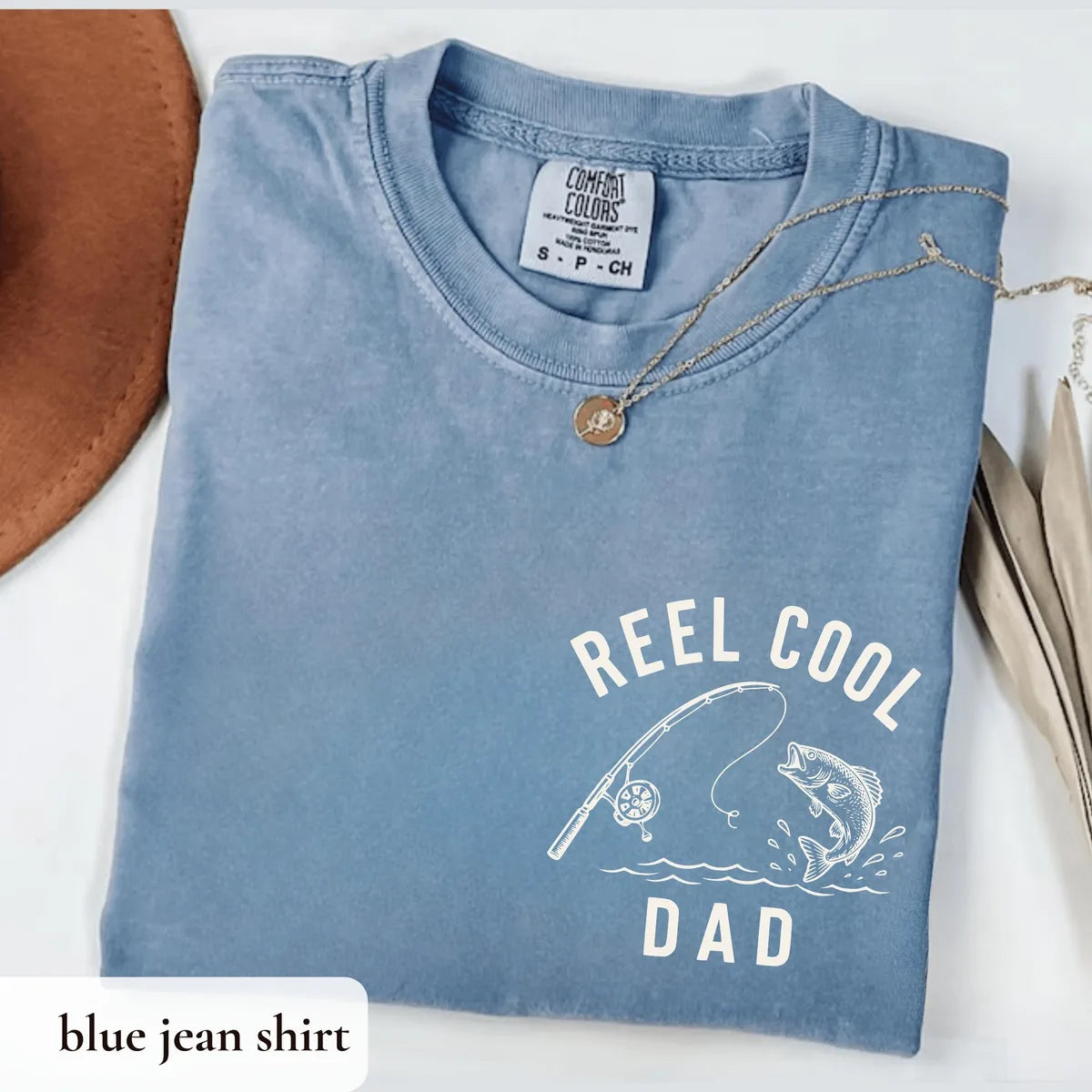 Reel Cool Dad graphic Comfort Colors T-shirt in Blue Jean, additional product photograph.