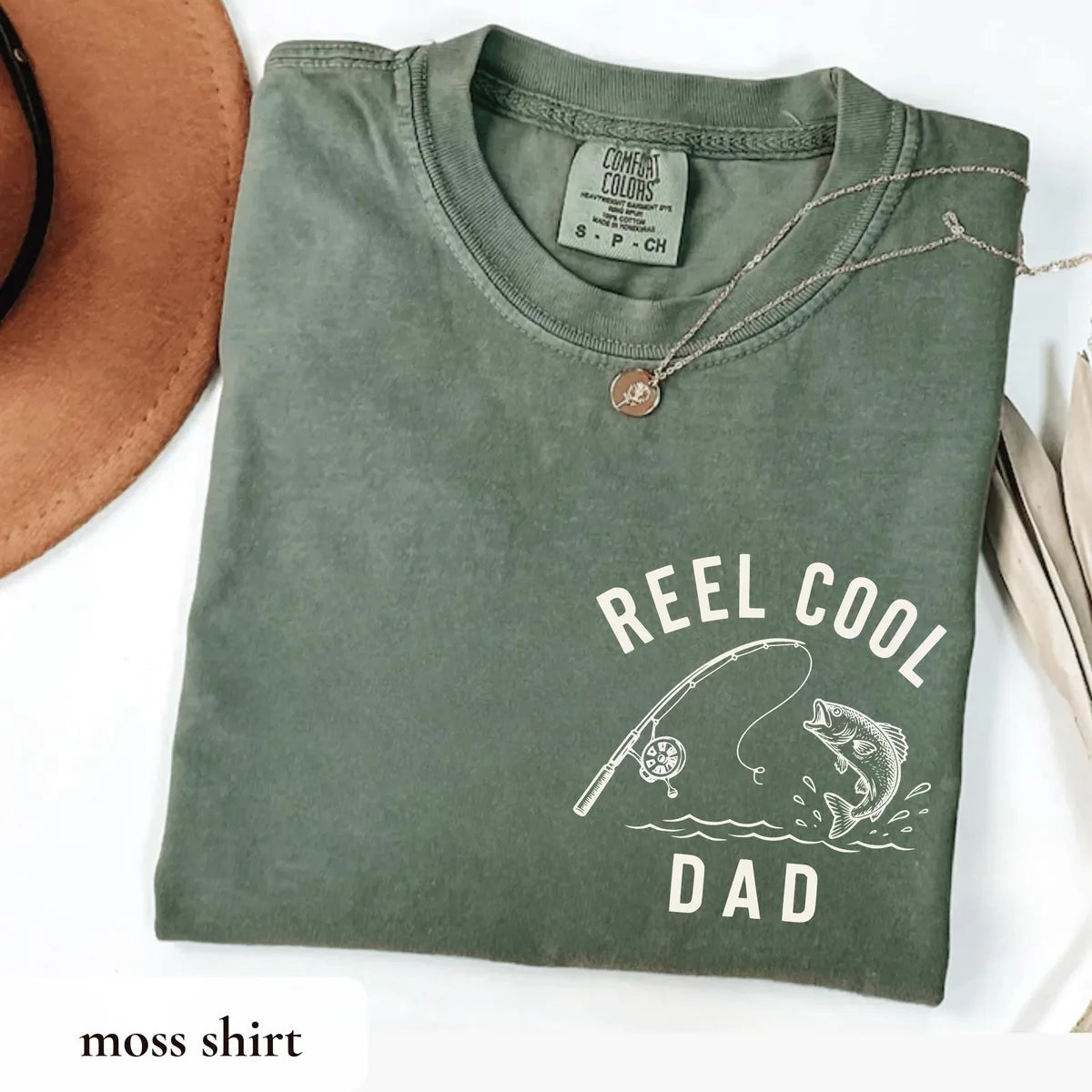 Reel Cool Dad graphic Comfort Colors T-shirt in Moss, additional product photograph.