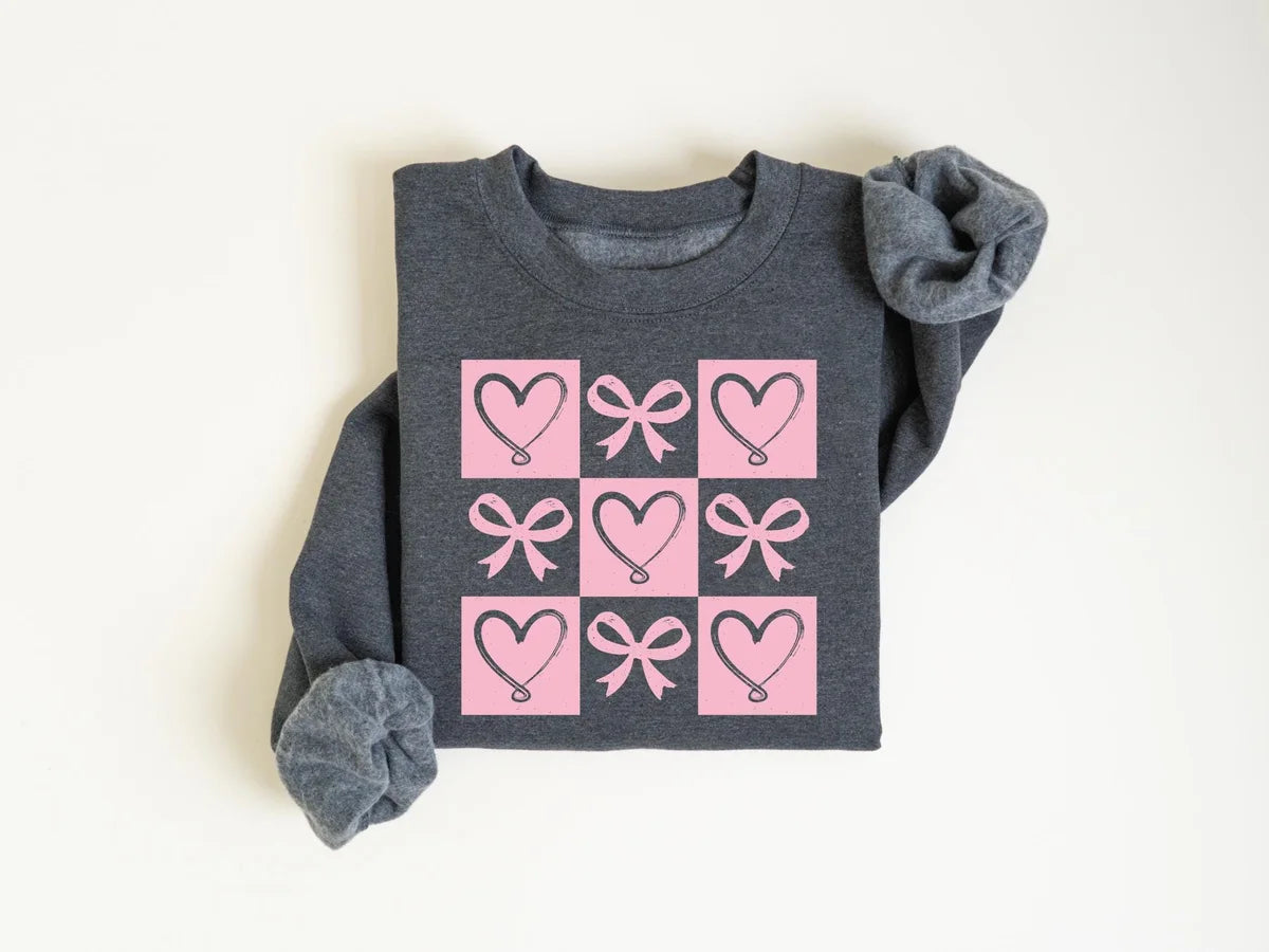 Retro Coquette Bow Valentines Heart Crewneck Sweatshirt alternate product view.