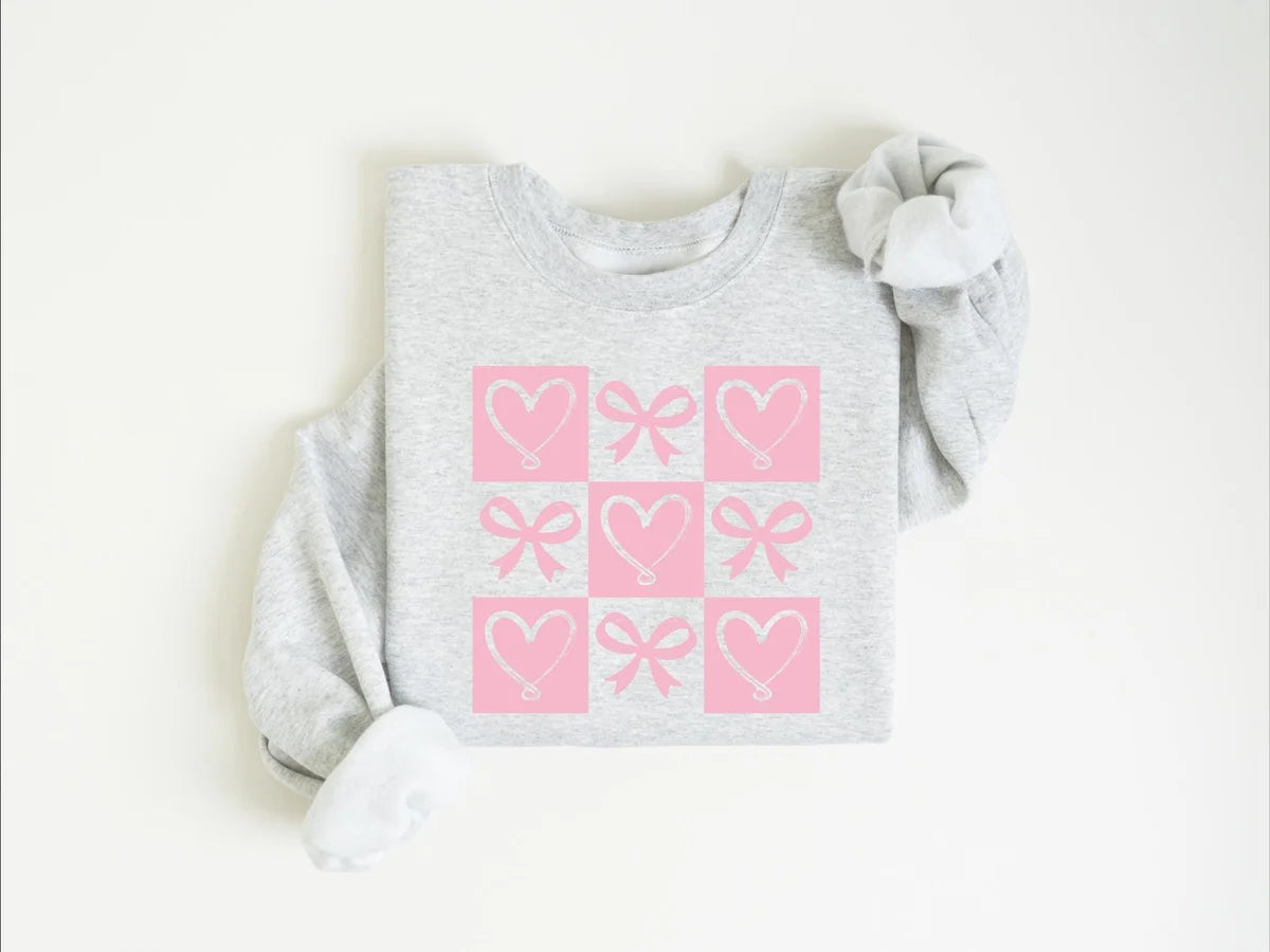 Retro Coquette Bow Valentines Heart Crewneck Sweatshirt alternate product view.
