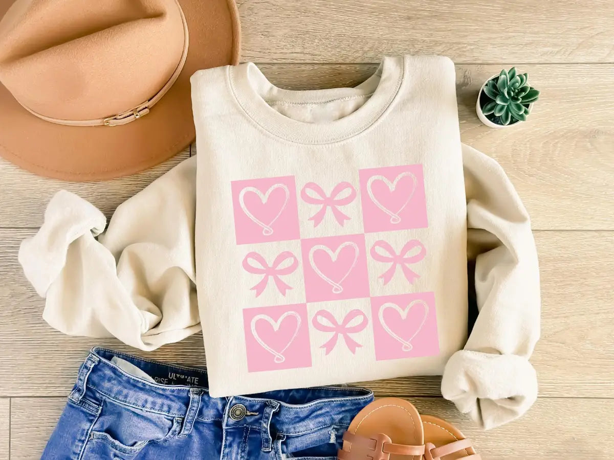 Retro Coquette Bow Valentines Heart Crewneck Sweatshirt alternate product view.