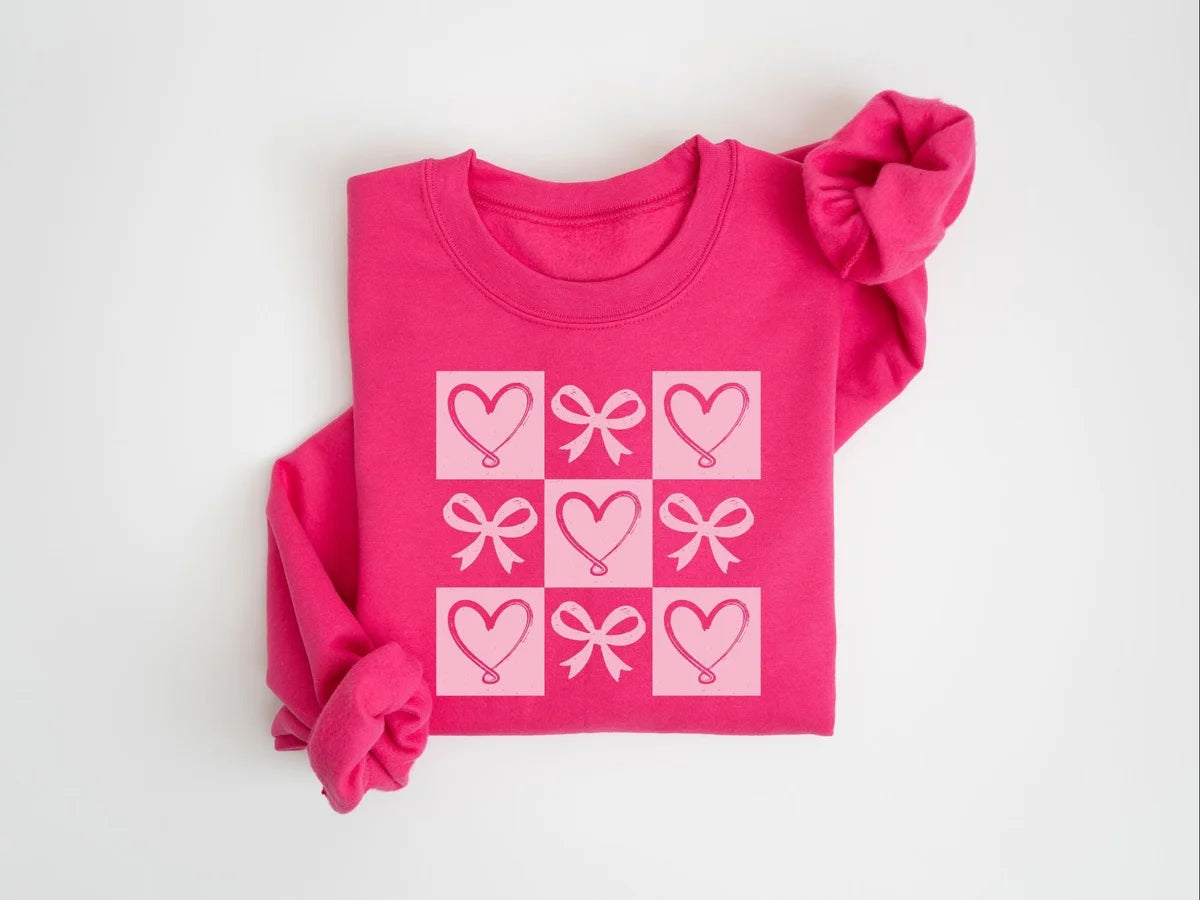 Retro Coquette Bow Valentines Heart Crewneck Sweatshirt alternate product view.
