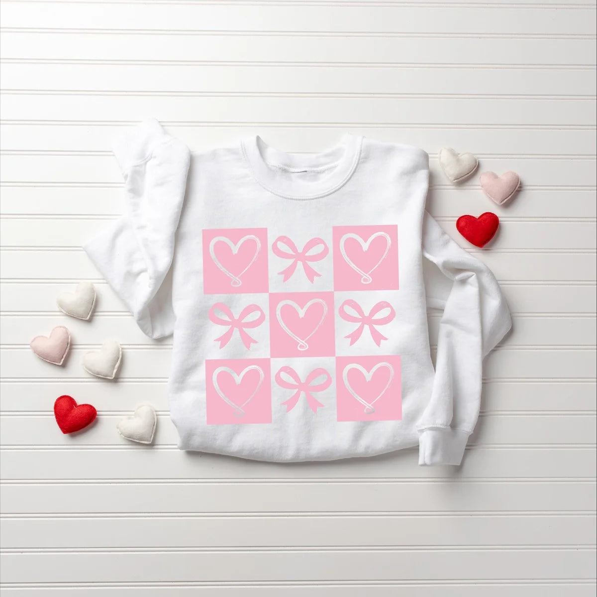 Retro Coquette Bow Valentines Heart Crewneck Sweatshirt alternate product view.