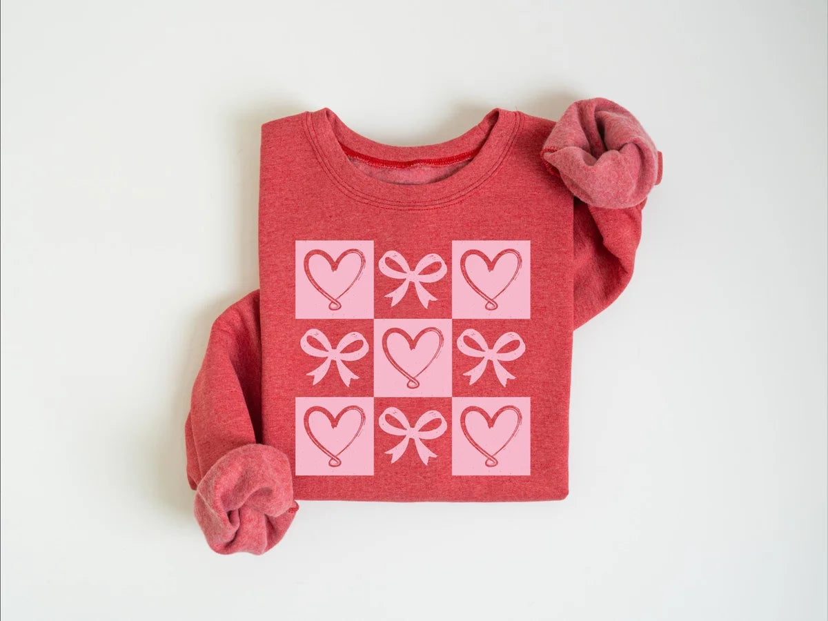 Retro Coquette Bow Valentines Heart Crewneck Sweatshirt alternate product view.