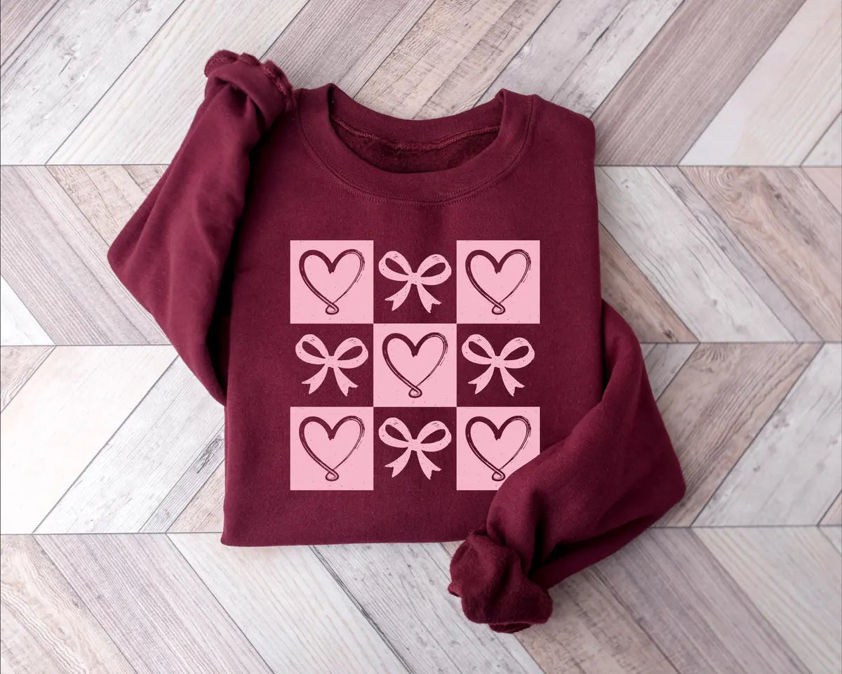 Retro Coquette Bow Valentines Heart Crewneck Sweatshirt alternate product view.