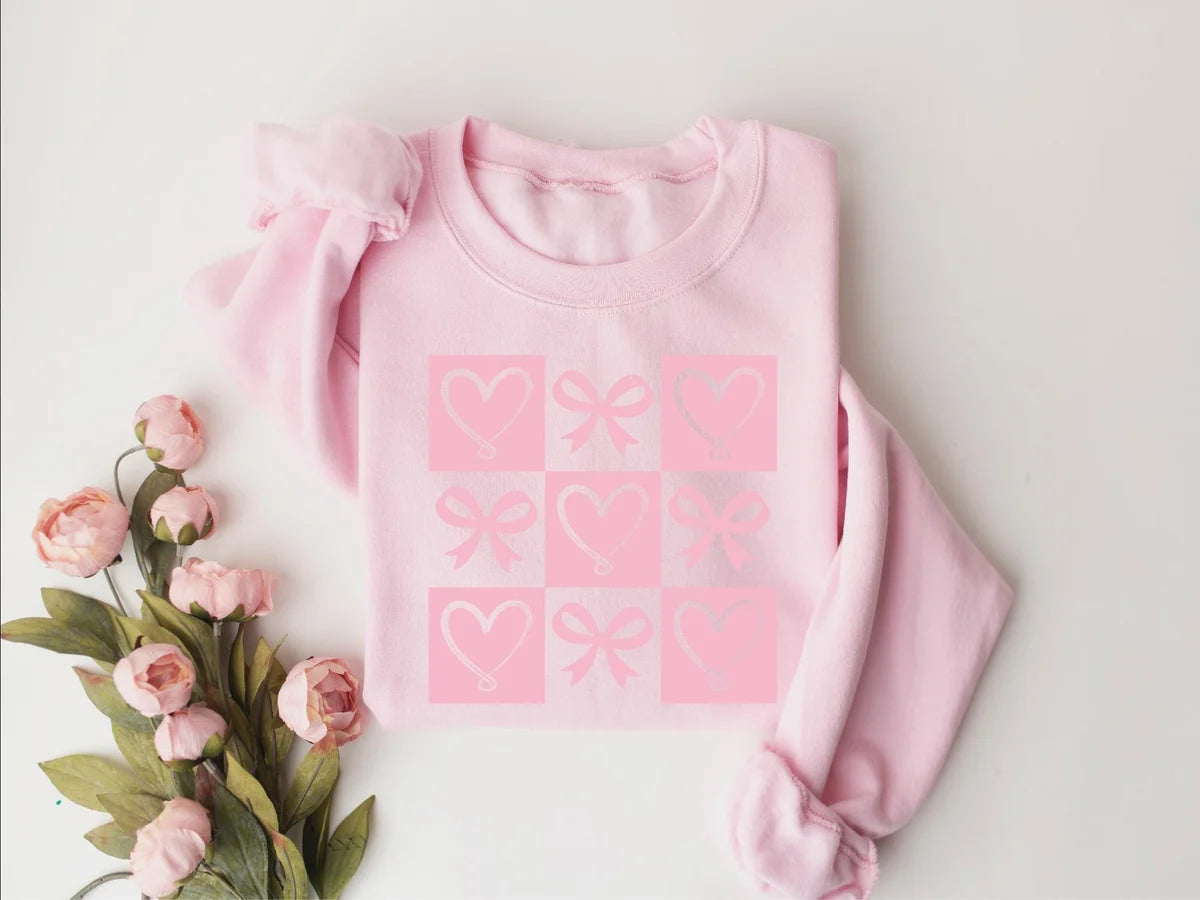 Retro Coquette Bow Valentines Heart Crewneck Sweatshirt alternate product view.