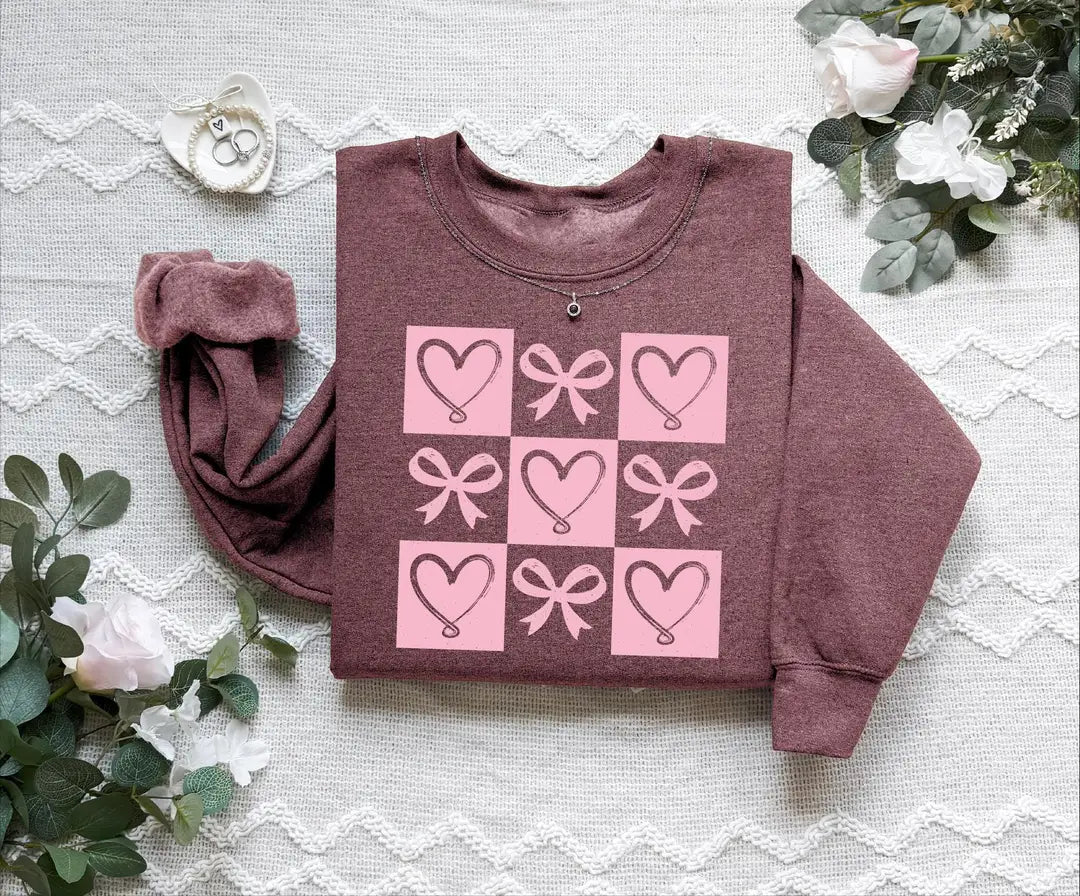 Retro Coquette Bow Valentines Heart Crewneck Sweatshirt alternate product view.